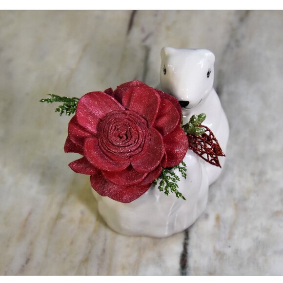 Small ceramic polar bear planter w/Sola sparkling red flower & festive fillers - Picture 3 of 6